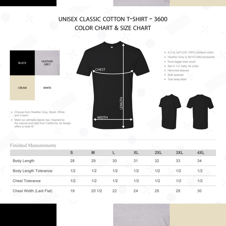 Peut inclure: Tableau des tailles pour un t-shirt unisexe en coton classique. Le tableau indique les mesures pour les tailles S, M, L, XL, 2XL, 3XL et 4XL. Les mesures comprennent la longueur du corps, la tol&eacute;rance de longueur du corps, la tol&eacute;rance de la poitrine et la largeur de la poitrine &agrave; plat. Le tableau comprend &eacute;galement un nuancier avec les couleurs noir, gris chin&eacute;, cr&egrave;me et blanc.