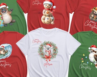 Aussie Animal Christmas T-Shirts, Personalised Family Matching Australian Xmas Tees, Funny Santa Photo Shirt