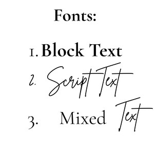 Font options chart for personalised engraved glass Christmas bauble: 1 Block Text, 2 Script Text, 3 Mixed Text