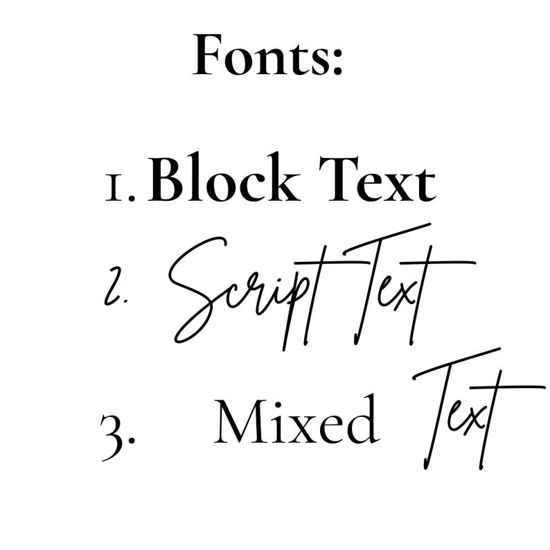 Font options chart for personalised engraved glass Christmas bauble: 1 Block Text, 2 Script Text, 3 Mixed Text