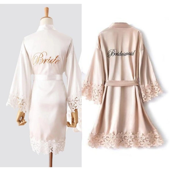 Personalised Satin Bridal party Lace Robe gift for Bridesmaid Custom gift Embroidered Satin Wedding robe Lace Bride gown Gift for Bridesmaid