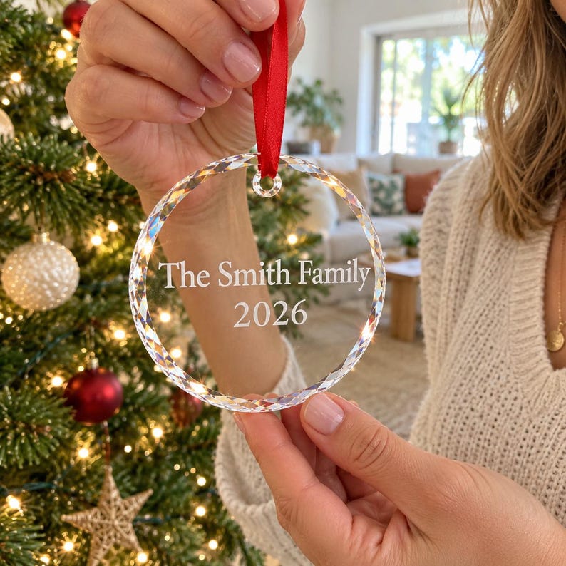 Woman holding a personalised engraved glass family Christmas bauble reading The Smith Family 2026 in front of a decorated Christmas tree