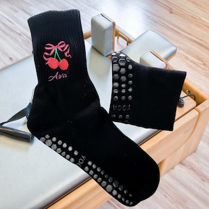Custom embroidered Grip Pilates Socks name text logo Non slip cherries sock grip yoga socks Christmas Gift Pilates studio Grip sock