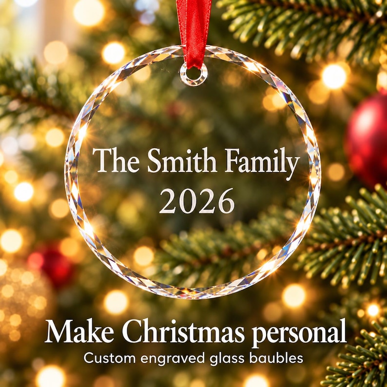 Personalised family Christmas ornament: engraved glass bauble reading The Smith Family 2026 with red ribbon on a lit Christmas tree, custom engraved glass baubles