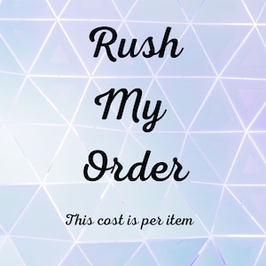 May include: Image featuring the text "Rush My Order" in a cursive font, with the phrase "This cost is per item" underneath. The background is a geometric pattern of blue and purple triangles.