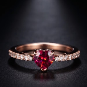 14k Solid Yellow Gold Ruby With Diamond Ring, Bridal Ring, Engagement Ring, Heart Shape Proposal Ring, July Birthstone, Solitaire Ring