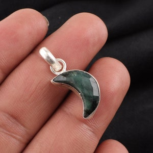 Emerald Moon Pendant, 925 Sterling Silver, Green Gemstone Necklace, Boho Celestial Jewelry, May Birthstone Gift, Anniversary Gift