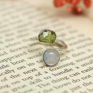 Raw Peridot Rainbow Moonstone Ring, 925 Sterling Silver, Two Stone Ring, Healing Crystal Jewelry, Adjustable Gemstone, Birthday Gift