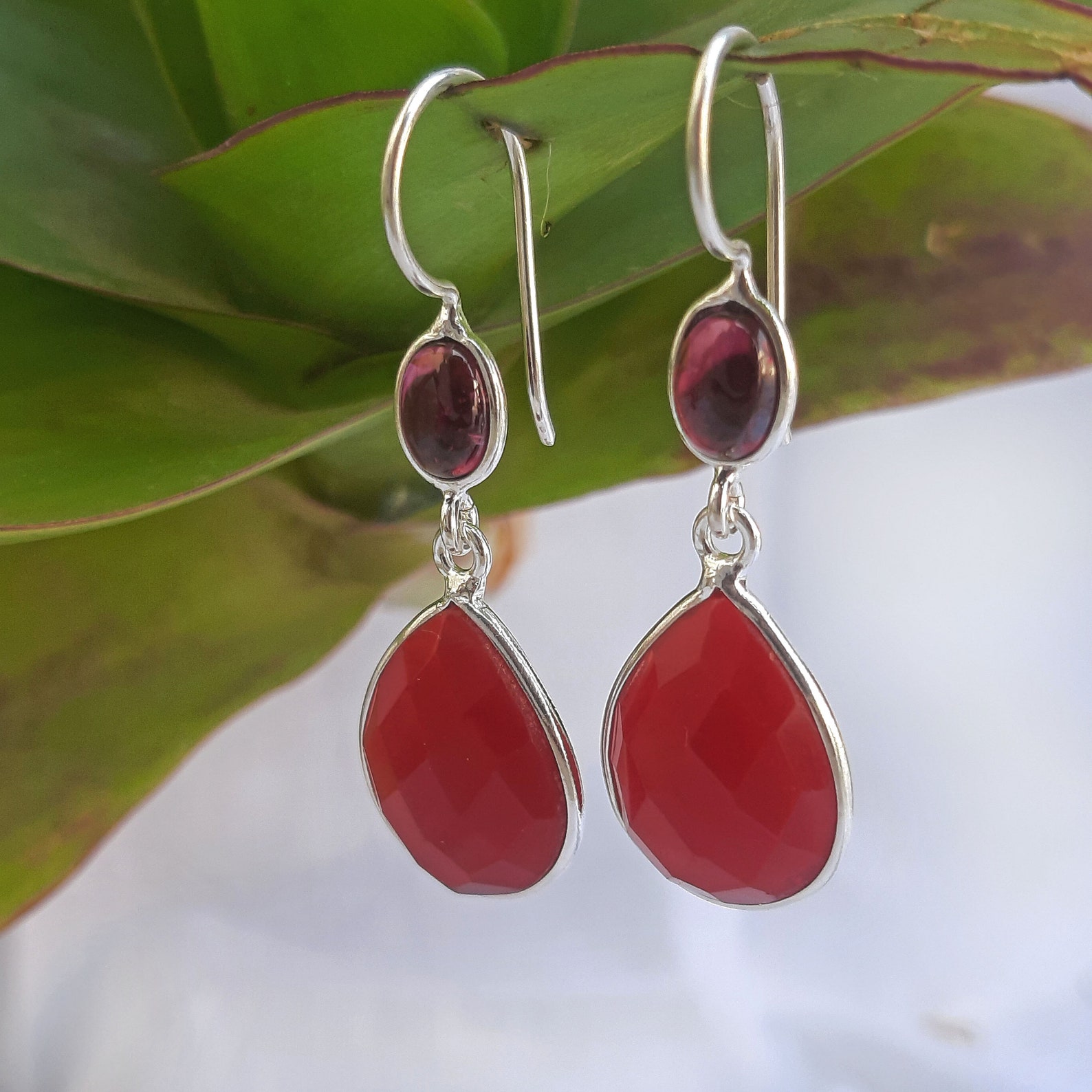 Garnet and Red Onyx Oval and Pear Shape Gemstone Earring Wire | Etsy