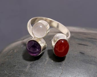 Amethyst Rose Quartz Carnelian Ring, 925 Sterling Silver, Boho Crystal Jewelry, Handmade Gemstone, Anniversary Gift, Gift For Her