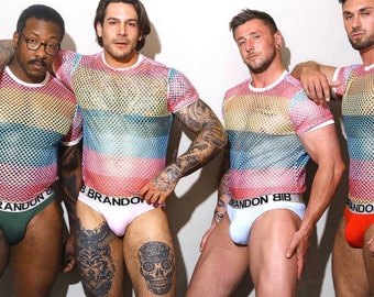 Rainbow Pride Shirt - See Through Fishnet Long Sleeve - Rainbow See Through Fishnet Short Sleeve - Sexiest Gay Rainbow Clothing - Male Model