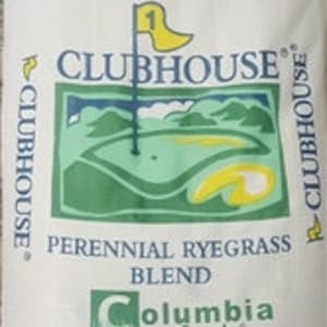 May include: A white bag of Clubhouse Perennial Ryegrass Blend seed from Columbia Seeds. The bag is 50 pounds (22.7 kg).