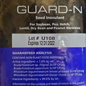 May include: A blue and white bag of Verdesian Guard-N seed inoculant for soybean, pea, vetch, lentil, dry bean, and peanut varieties. The bag is labeled with the lot number U108 and an expiration date of 12/31/2022. It treats up to 50 lbs (22.68 kg) and has a net weight of 6 oz (170.10 g).