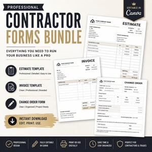 Op de afbeelding: Een digitaal pakket met professionele aannemersformulieren, inclusief sjablonen voor offertes, facturen en wijzigingsopdrachten. De documenten bevatten zwarte en gouden tekst op een witte achtergrond met velden voor klantinformatie en projectdetails.