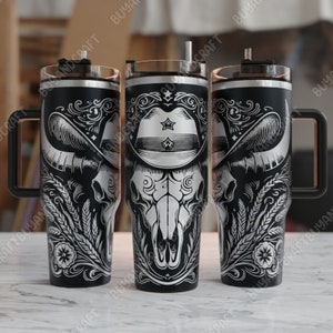 40oz Tumbler Wrap, Cow Bull Skull Tumbler Laser Design, Tumbler Laser Engraved Svg, Tumbler Designs