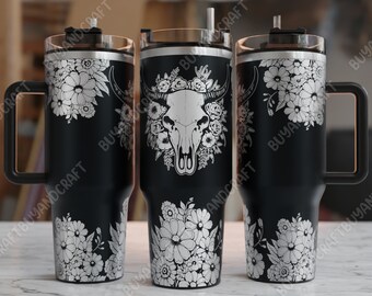 40oz Tumbler Wrap, Cow Bull Skull Tumbler Laser Design, Tumbler Laser graviertes Svg, Tumbler Designs