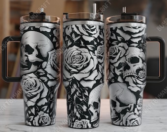40oz Tumbler Wrap, Skull Roses Tumbler Laser Design, Tumbler Laser Engraved Svg, Tumbler Designs
