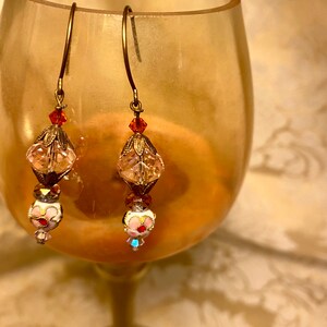 Sugar Plum Fairy drop earrings, Swarovski crystal, Czech glass, Cloisonne bead, low lead bronze wires