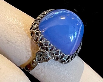 Antique Early Deco Silver & Blue Chalcedony Sugarloaf Ring