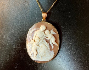 Antique Georgian or Early Victorian Large Cameo Pendant with Cherubs Necklace