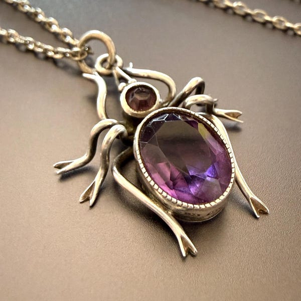 Antique Charles Horner Amethyst Paste & Silver Spider Pendant Necklace - Fully Hallmarked C.H Chester 1921