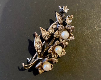 Vintage Silver Pearl & Paste Flower Spray Brooch - London 1969