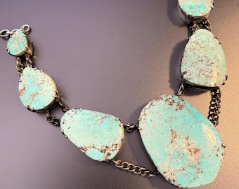 Vintage Natural Turquoise & Silver Panel Bib Necklace