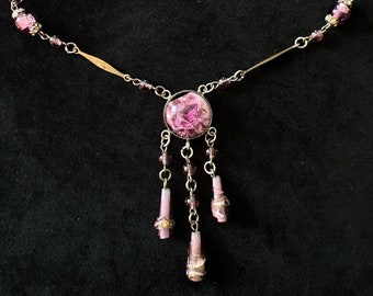 Vintage Deco Pink Foiled Glass Drop Necklace