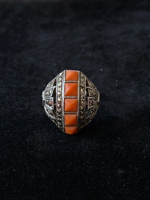 Antique Deco Egyptian Revival Silver & Coral Dome… - image 2