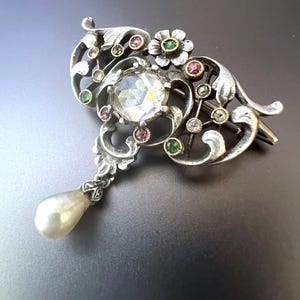 Broche Vintage Argentée Art Nouveau Victorienne Années 1900 - Strass - Occasion