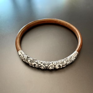 Antique Chinese Export Silver Repoussé Dragon & Bamboo Art Deco Bangle