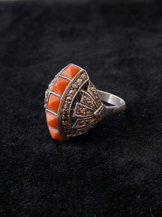 Antique Deco Egyptian Revival Silver & Coral Dome… - image 7