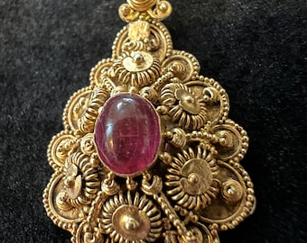 Antique Victorian Etruscan Revival Silver Gilt & Ruby Cabochon Paste Pendant