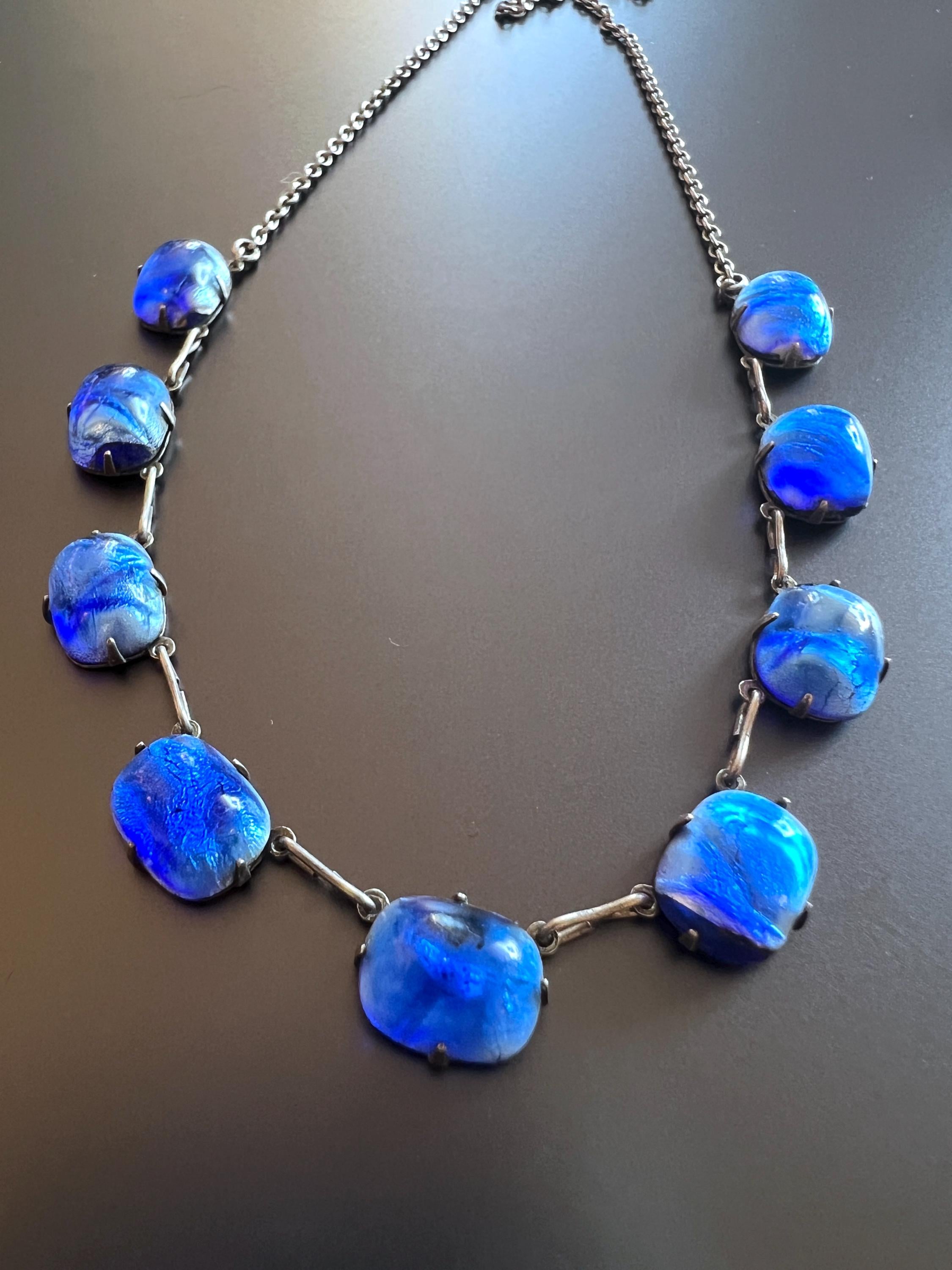 Antique Deco Blue Peacock Glass Sterling Silver Necklace