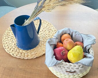 Handmade/Crochet Basket in Neutral Colors/Bread Basket/Farmhouse Style Bin/Office Storage Bin/Bathroom Storage Container/Nursery Crochet