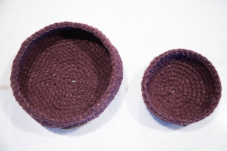 Handmade Crochet 2 Nesting Baskets Gold Blackberry / Office Bowl/Kitchen Basket/Nursery Storage Container image 8