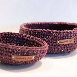 Handmade Crochet 2 Nesting Baskets Gold Blackberry / Office Bowl/Kitchen Basket/Nursery Storage Container image 5