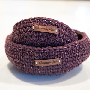 Handmade Crochet 2 Nesting Baskets Gold Blackberry / Office Bowl/Kitchen Basket/Nursery Storage Container image 2