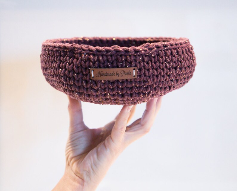 Handmade Crochet 2 Nesting Baskets Gold Blackberry / Office Bowl/Kitchen Basket/Nursery Storage Container image 6
