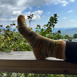 May include: A colorful striped sock with a yellow heel and toe, resting on a wooden railing with a view of a green forest and blue sky.