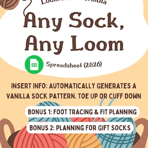 May include: A digital knitting pattern advertisement with the text "Any Sock, Any Loom." The image includes a basket of yarn balls in various colors, and the text "Insert Info: Automatically generates a vanilla sock pattern."