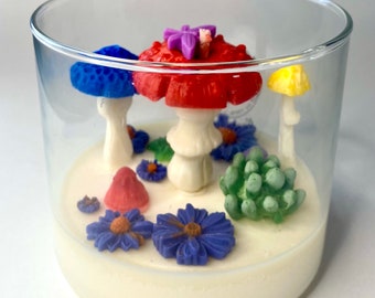 Mushrooms and Flowers all natural soy wax embedded spring candle for birthday, anniversary, mother’s day gift giveaway