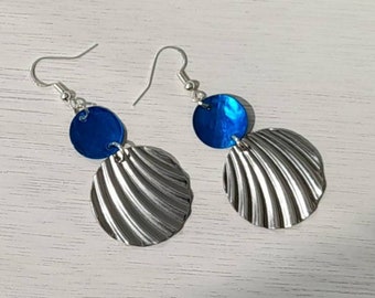 Beautiful blue mother of pearl with stainless steel shell disc on 925 sterling silver earring hooks