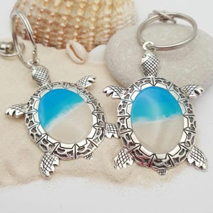 Handcrafted Turtle Keyring, Real Sand & Ocean Waves Resin Gift, Seaside Souvenirs,  Beach Keepsake