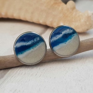 Handcrafted Beach Cufflinks: Real Sand & Resin Ocean Waves (16mm)