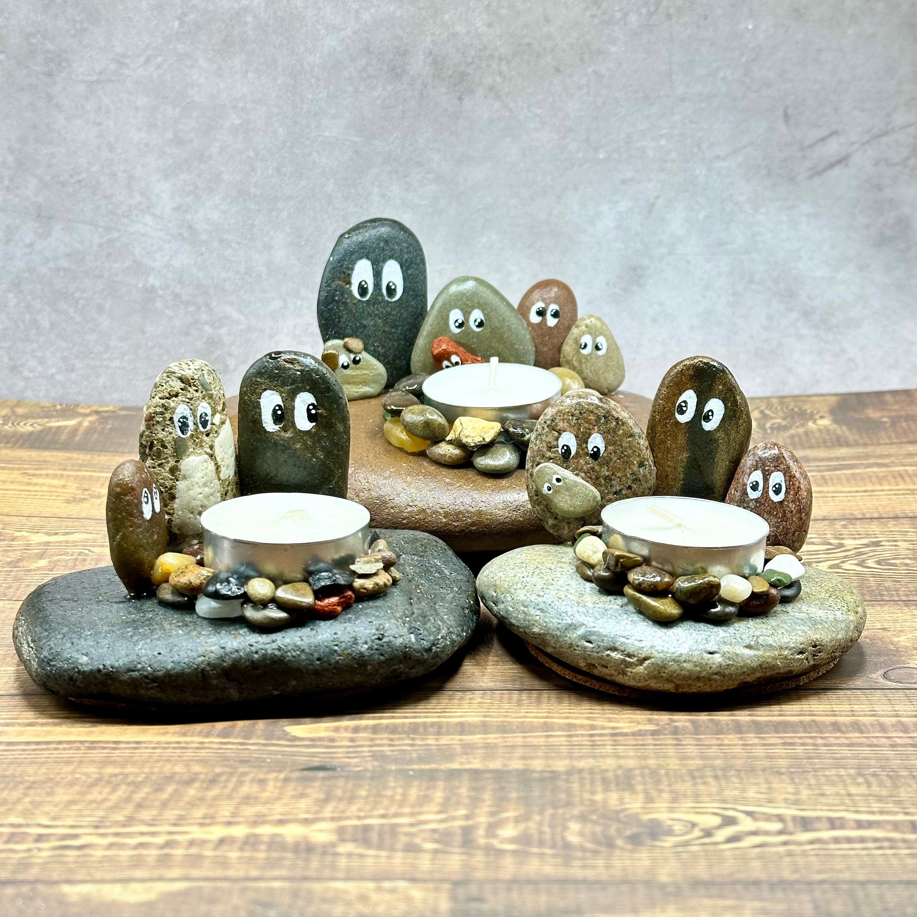 Tealight Candle Holder Rock People Family Sitting Around a