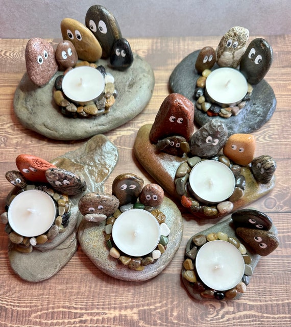 Tealight Candle Holder Rock People Family Sitting Around a