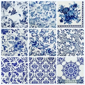 May include: A collage of nine square fabric swatches featuring various blue and white patterns. Designs include floral arrangements, birds, scrolling vines, leafy branches, damask motifs, and a central circular mandala-style geometric pattern.