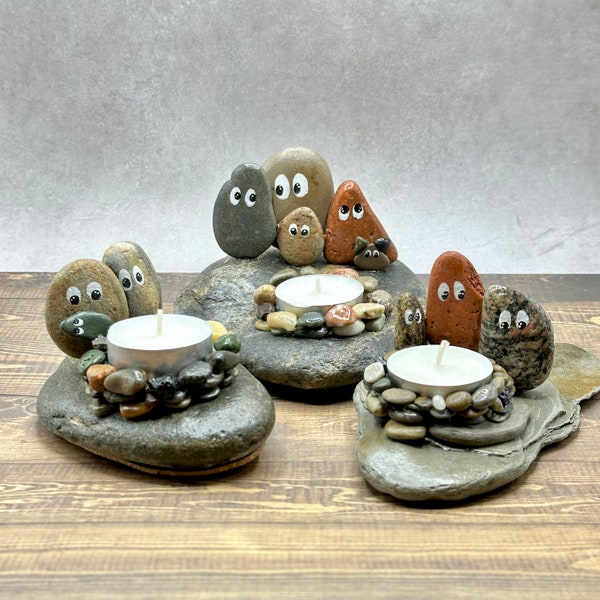 Tealight Candle Holder Rock People Camping Around a Campfire-FREE PERSONALIZATION AVAILABLE