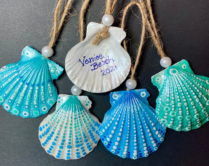 Hand Painted Scallop Seashell Christmas Ornaments, FREE SHIPPING & PERSONALIZATION, Dot Mandala, Coastal, Nautical, Beach, Wedding, Gift